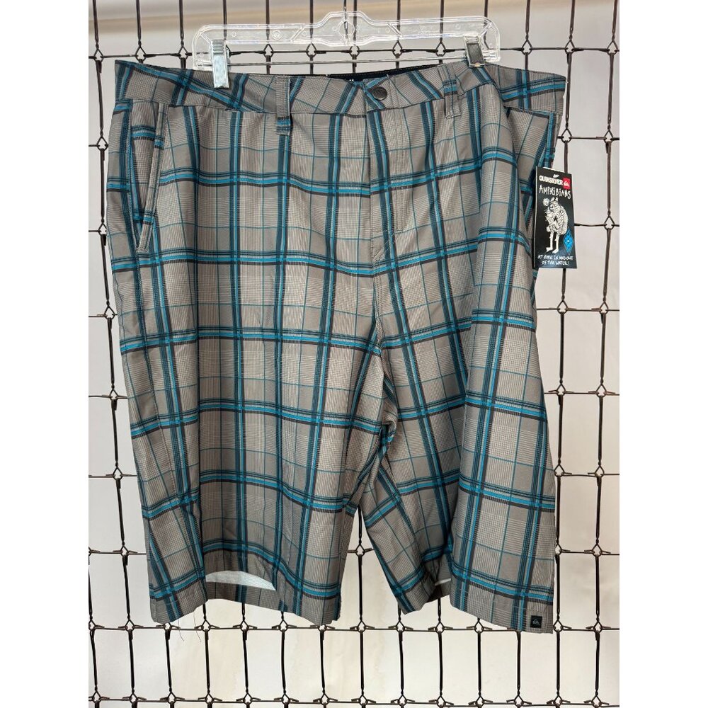 Quiksilver Amphibian Plaid Mens Shorts Size 28 - Blue & Gray Polyester/Spandex